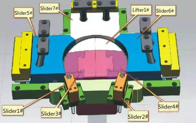 7 sliders and 1 lifter for a mold 7 sliders and 1 lifter for a mold